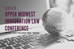 [ai] A close-up of a laptop keyboard with a globe made of puzzle pieces beside it, announcing the 2023 Upper Midwest Immigration Law Conference on Friday, May 19, from 8 AM to 5 PM on Zoom.